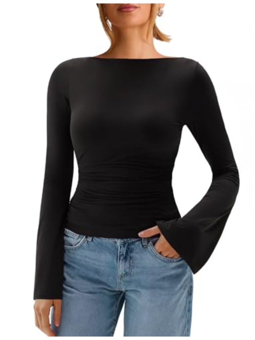Women's Double Lined Fitted Boat Neck Bell Sleeve Ruched Crop Top